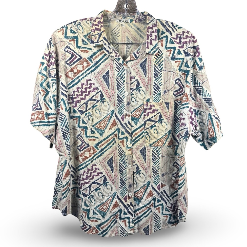 VTG Plus Size Cherokee Shirt Button Abstract XL 2XL 22W Geometric Tribal 90s USA